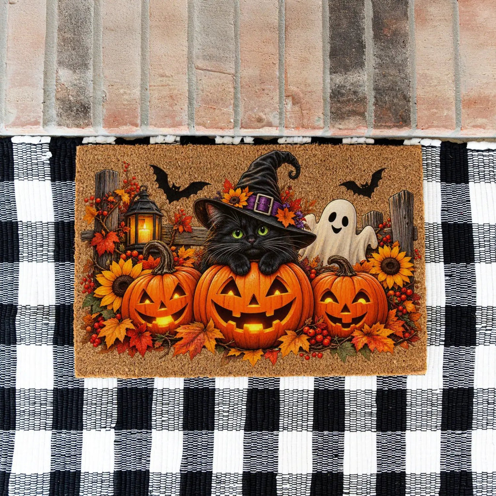 Halloween Cat Doormat, Black Cat Pumpkin Coir Mat, Cute Ghost Welcome Mat, Witch Cat Fall Porch Decor, Spooky Halloween Door Mat