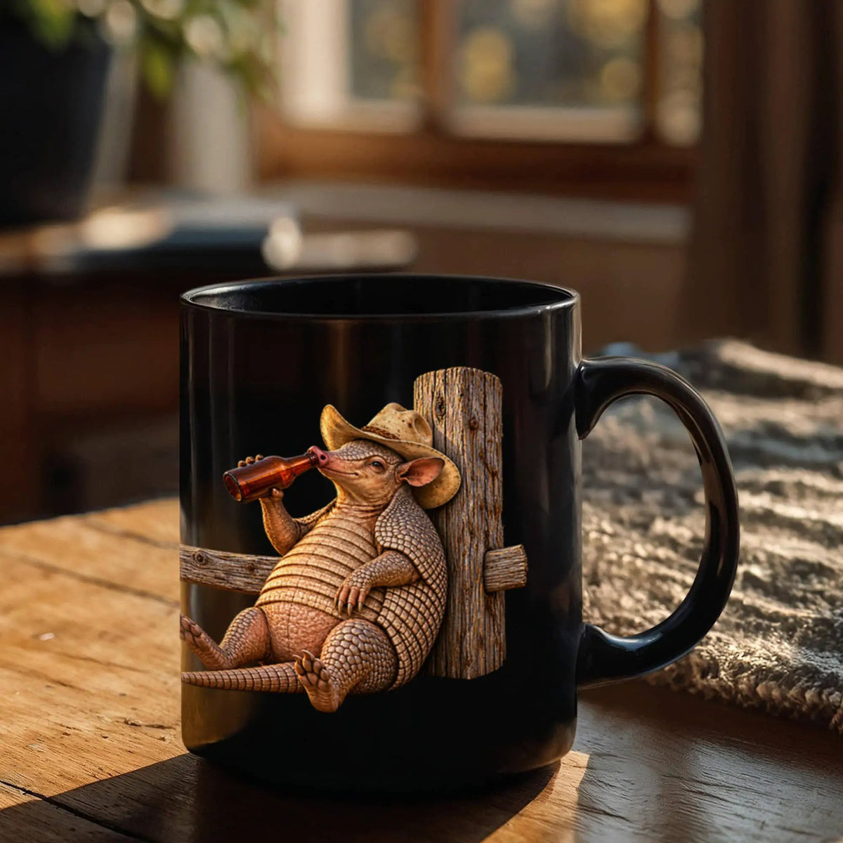 Funny Armadillo Black Coffee Mug, Texas Cowboy Mug, Beer Drinking Armadillo Gift, Western Coffee Cup, Funny Texas Gift for Him