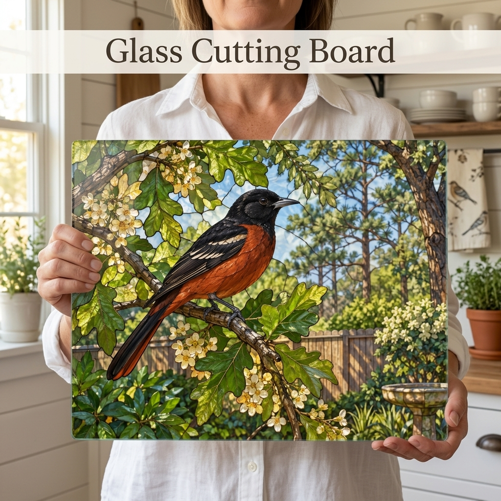 Orchard Oriole Glass Cutting Board, Backyard Bird Kitchen Decor, Oriole Bird Lover Gift, Nature Serving Board, Birdwatcher Gift