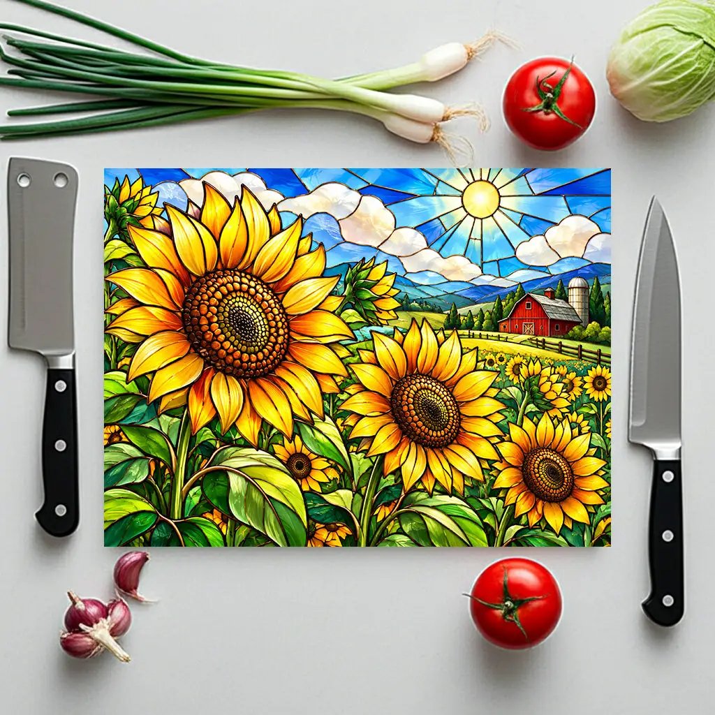 Sunflower Glass Cutting Board, Farmhouse Kitchen Decor, Country Sunflower Chopping Board, Stained Glass Floral Gift, Housewarming Gift