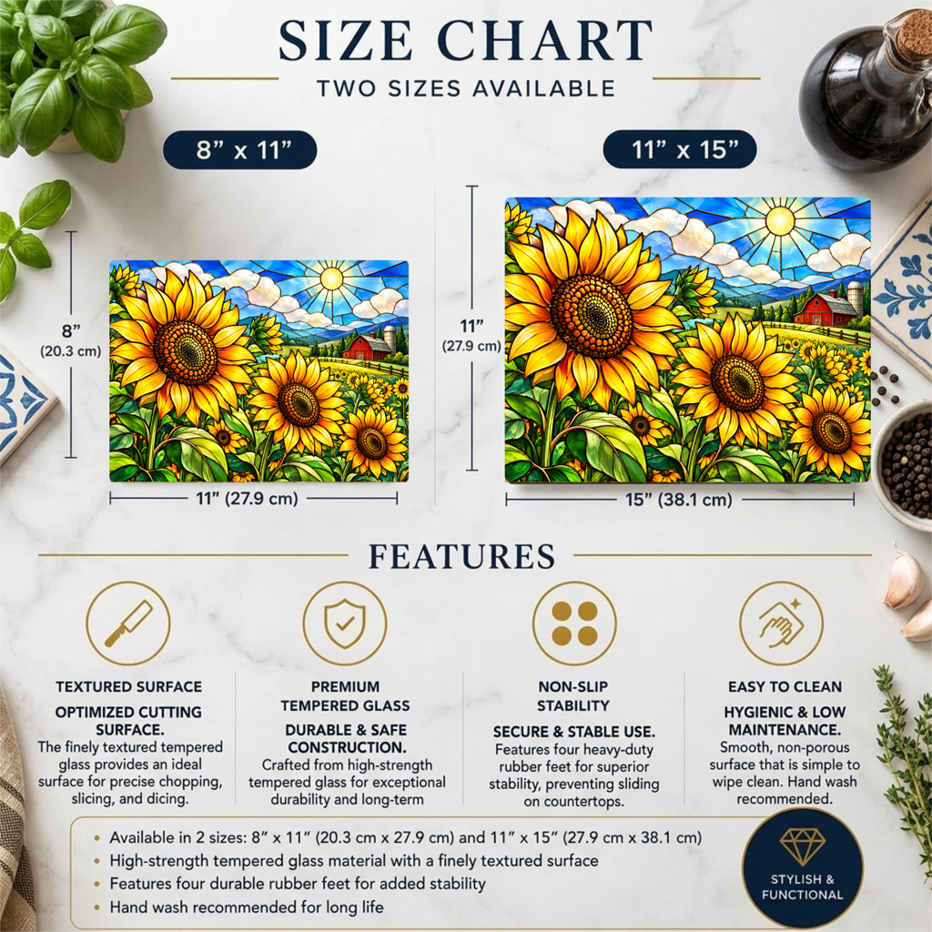 Sunflower Glass Cutting Board, Farmhouse Kitchen Decor, Country Sunflower Chopping Board, Stained Glass Floral Gift, Housewarming Gift