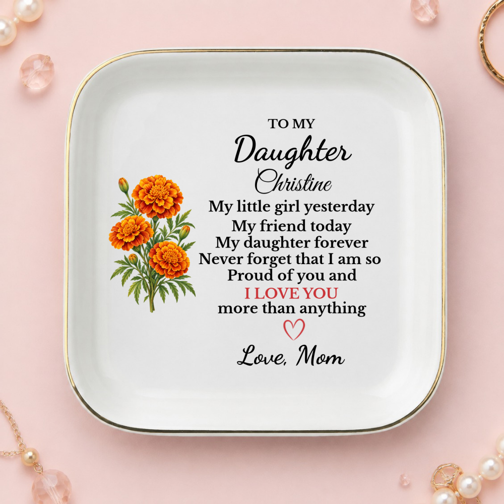 Personalized Daughter Birth Flower Jewelry Dish, Custom Name Trinket Tray, Sentimental Gift from Mom, Birthday Gift for Adult Daughter