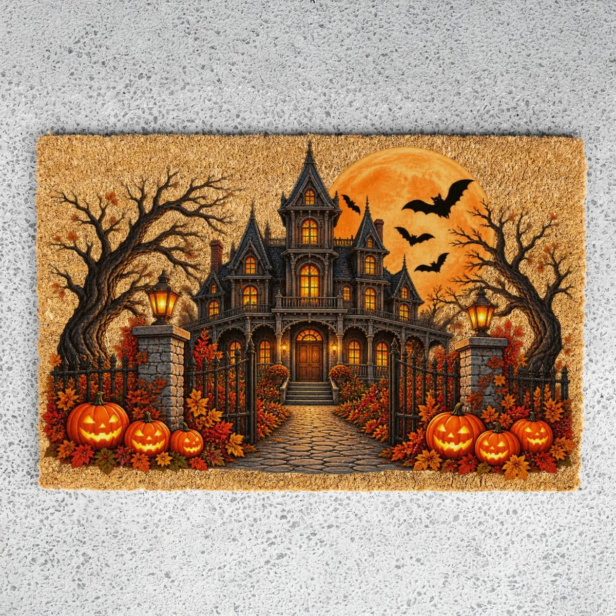 Haunted House Halloween Doormat, Gothic Mansion Coir Welcome Mat, Spooky Fall Porch Decor, Pumpkin Front Door Mat, Halloween Entryway