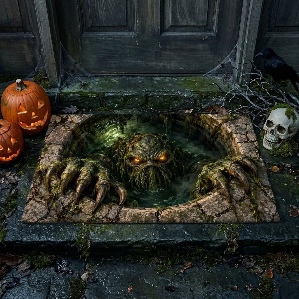 Swamp Monster 3D Optical Illusion Doormat, Creepy Sewer Monster Floor Mat, Scary Halloween Door Mat, Horror Home Decor
