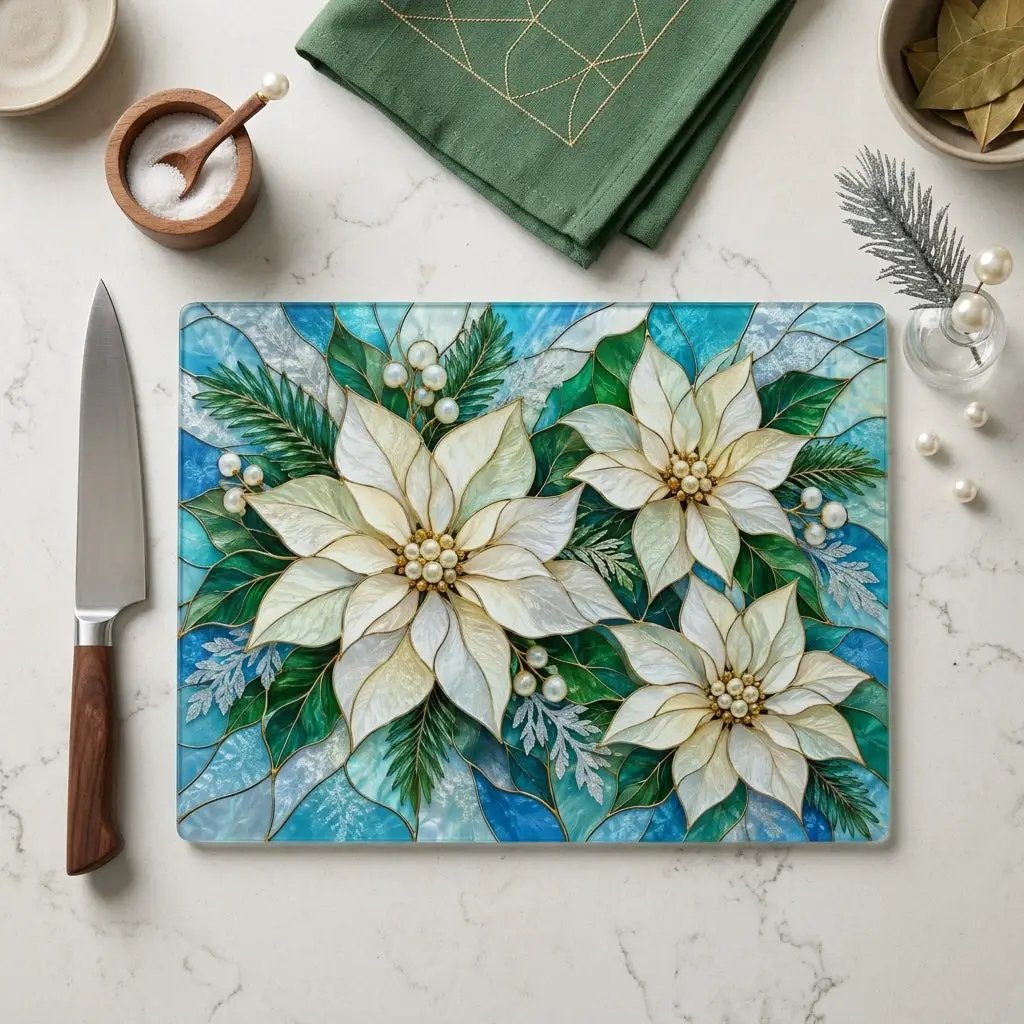 Winter Poinsettia Glass Cutting Board, Holiday Kitchen Decor, Floral Serving Board, Christmas Hostess Gift, Seasonal Home Accent Gift