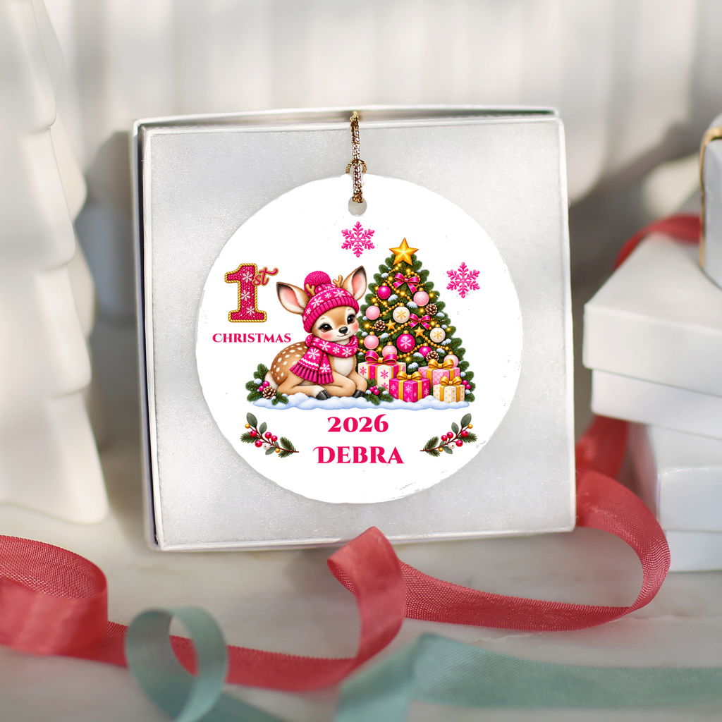 Fawn Baby Personalized Christmas Ornament, Baby's 1st 2nd 3rd Christmas, Custom Name Year Ceramic Keepsake, Boy or Girl Gift