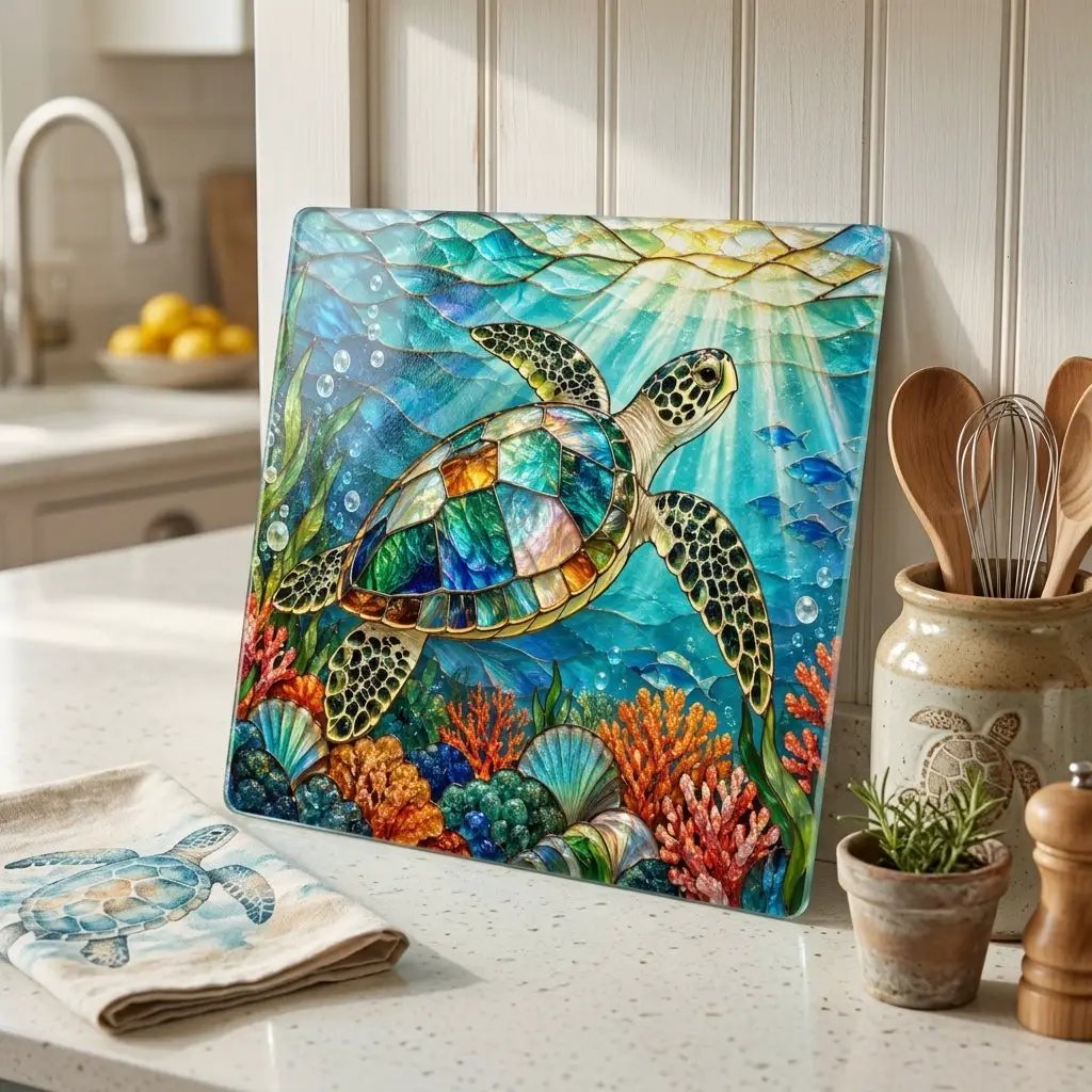 Sea Turtle Glass Cutting Board, Ocean Kitchen Decor, Marine Life Serving Board, Coastal Home Gift, Underwater Art Kitchen Accessory
