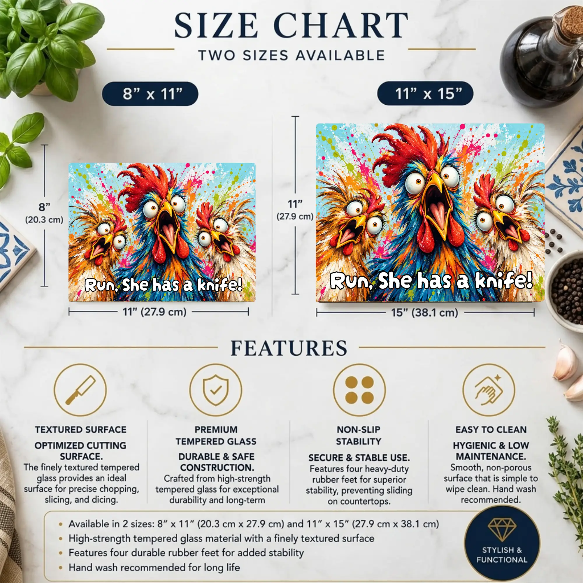 Three Screaming Chickens Cutting Board, Funny Chicken Kitchen Decor, Colorful Chicken Lover Gift, Farmhouse Kitchen Gift