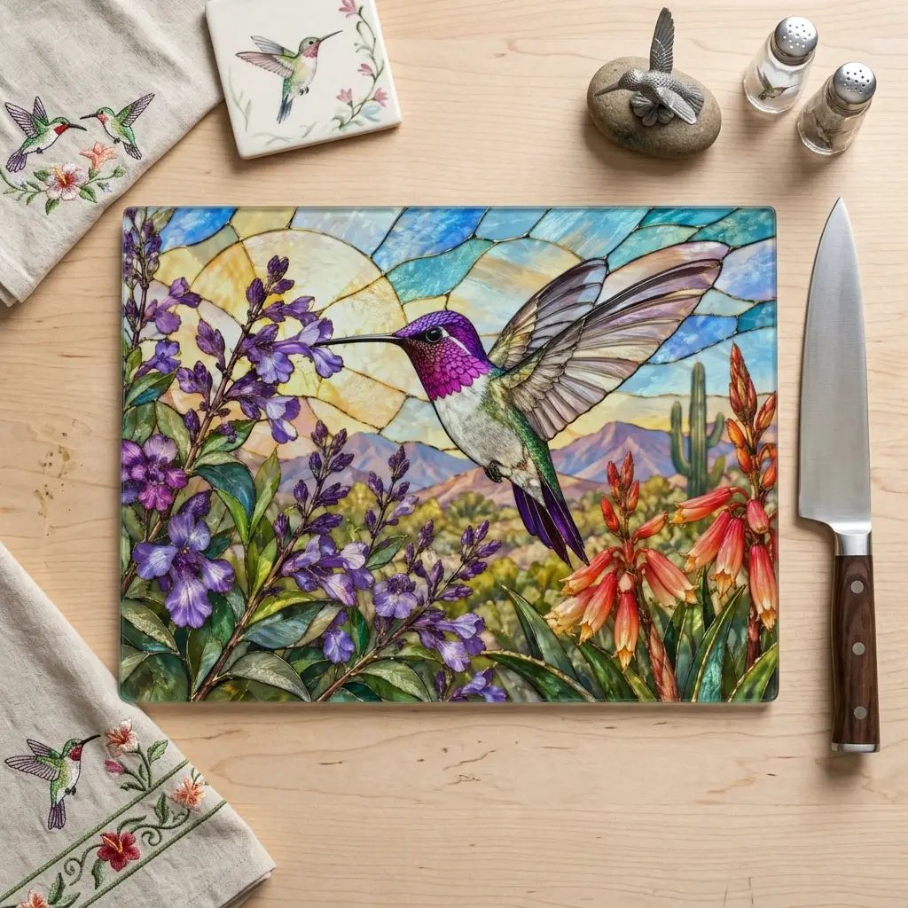Hummingbird Cutting Board, Stained Glass Hummingbird Decor, Desert Wildflower Kitchen Decor, Bird Lover Gift, Southwest Decor