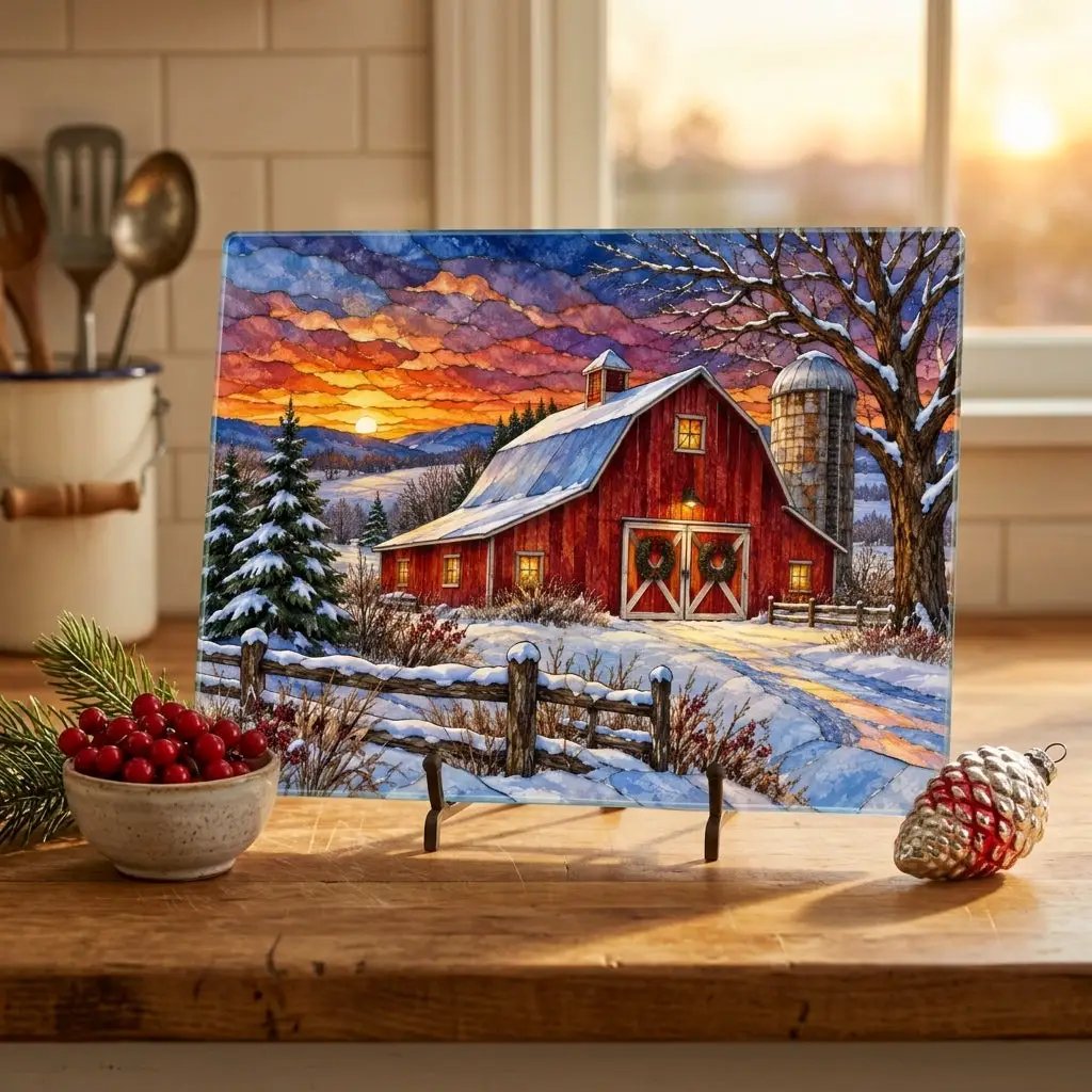 Winter Red Barn Glass Cutting Board, Country Christmas Kitchen Decor, Farmhouse Cutting Board, Rustic Winter Barn Gift