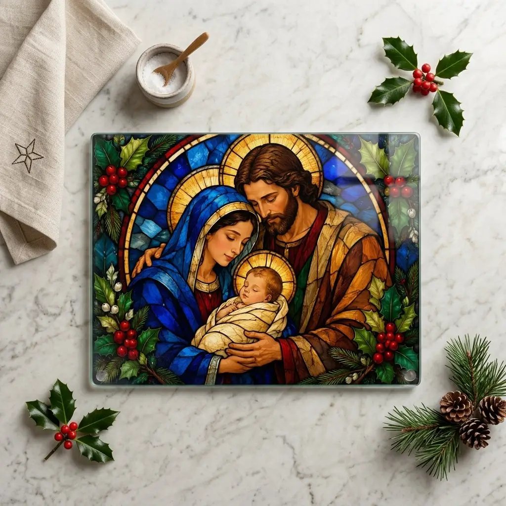Holy Family Glass Cutting Board, Christian Christmas Gift, Nativity Kitchen Decor, Mary Joseph Baby Jesus, Religious Christmas Decor