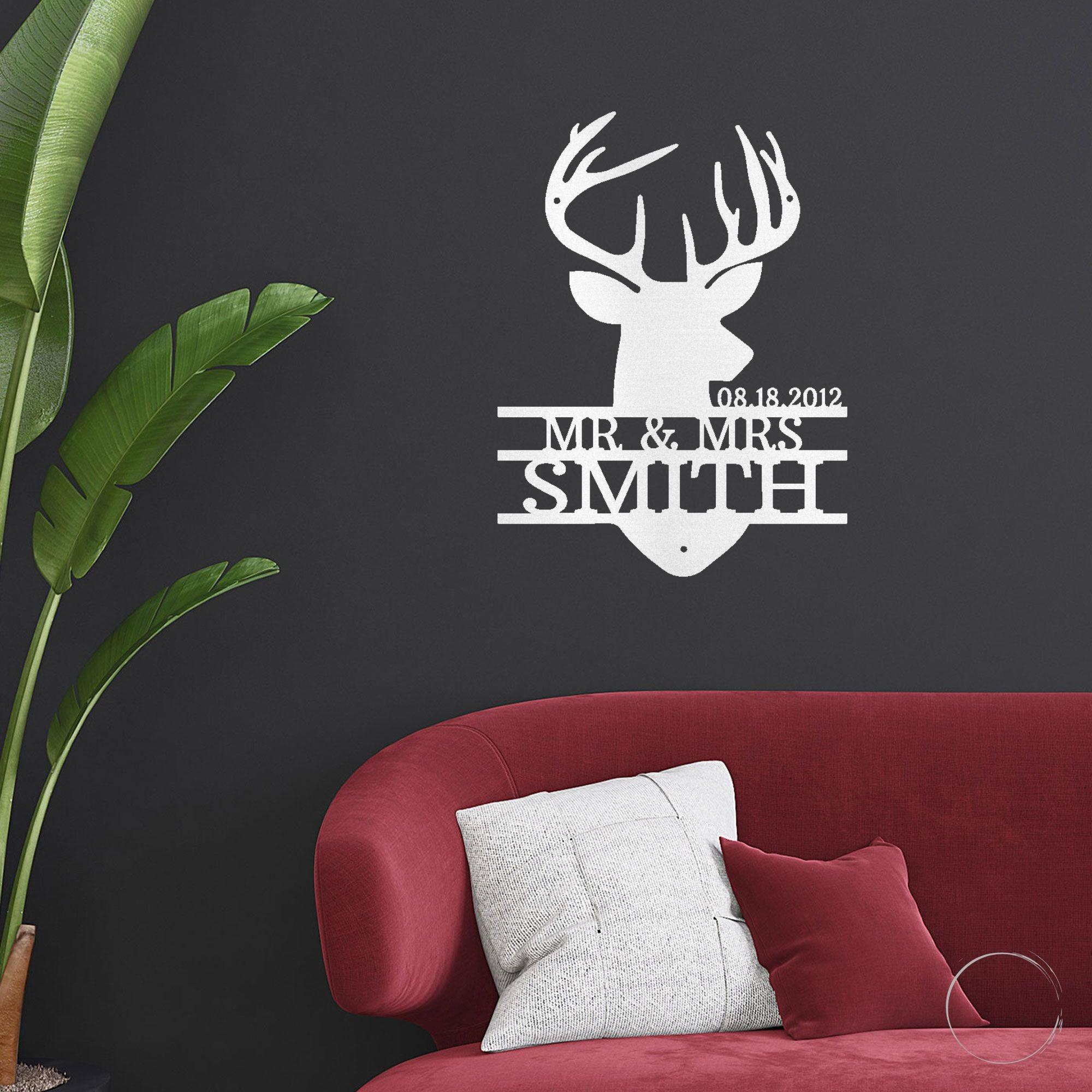 Deer Head Monogram Name Personalized Metal Art Wall Sign Wedding Anniversary - Mallard Moon Gift Shop