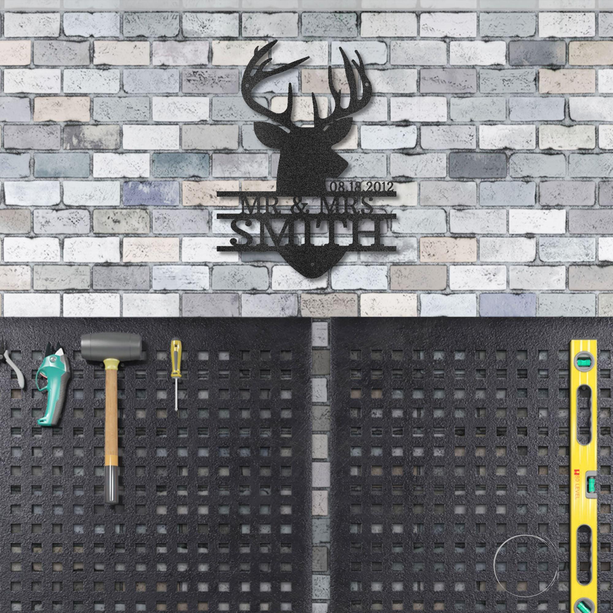 Deer Head Monogram Name Personalized Metal Art Wall Sign Wedding Anniversary - Mallard Moon Gift Shop