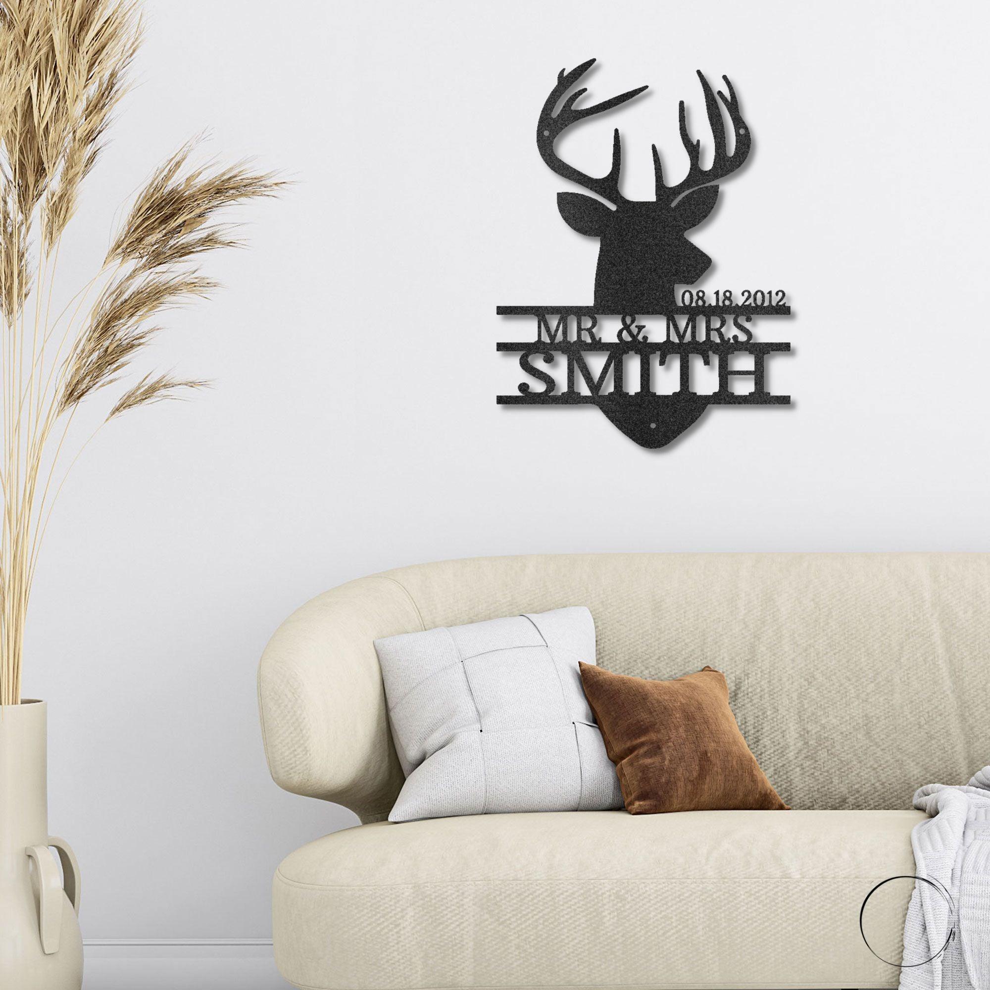 Deer Head Monogram Name Personalized Metal Art Wall Sign Wedding Anniversary - Mallard Moon Gift Shop