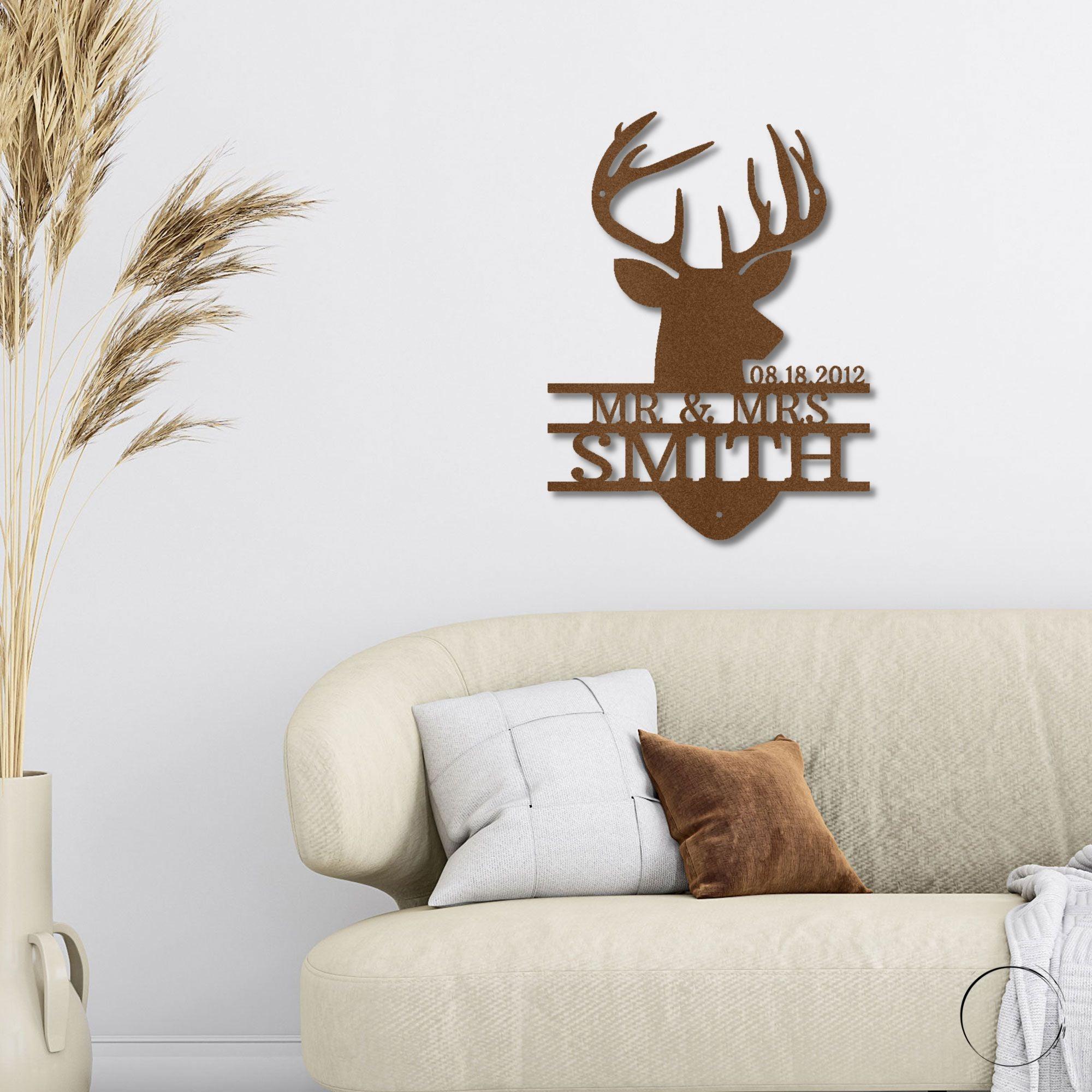 Deer Head Monogram Name Personalized Metal Art Wall Sign Wedding Anniversary - Mallard Moon Gift Shop