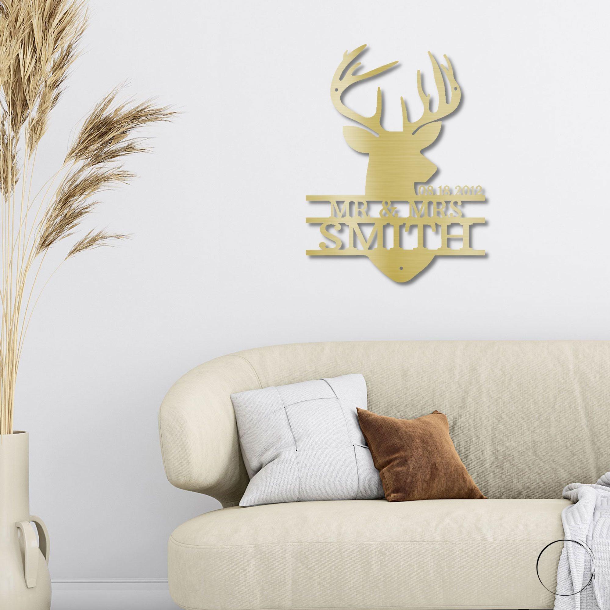 Deer Head Monogram Name Personalized Metal Art Wall Sign Wedding Anniversary - Mallard Moon Gift Shop