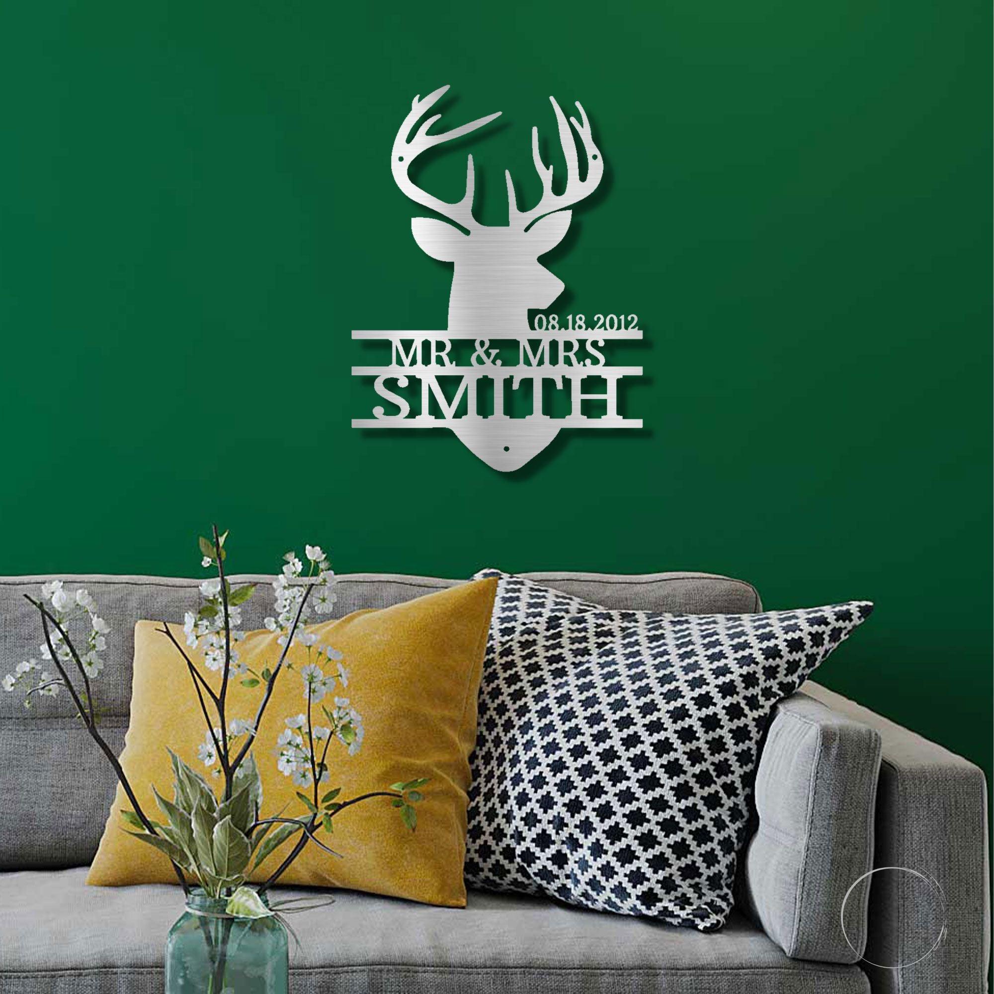 Deer Head Monogram Name Personalized Metal Art Wall Sign Wedding Anniversary - Mallard Moon Gift Shop