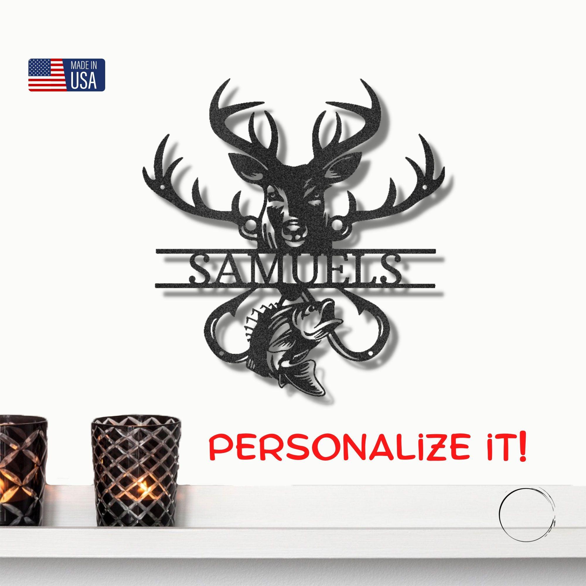 Deer Hunter Fisherman Personalized Name Metal Art Wall Sign - Mallard Moon Gift Shop