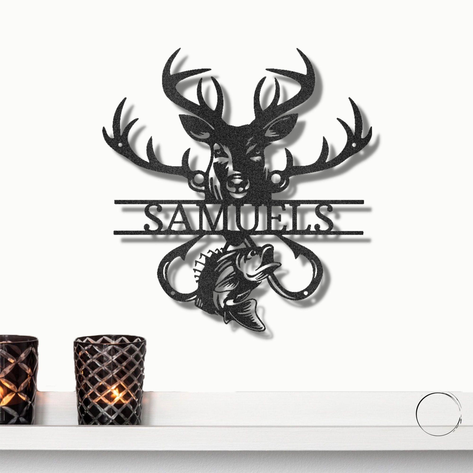 Deer Hunter Fisherman Personalized Name Metal Art Wall Sign - Mallard Moon Gift Shop