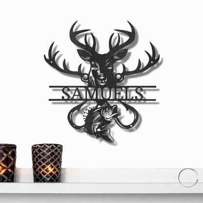 Deer Hunter Fisherman Personalized Name Metal Art Wall Sign - Mallard Moon Gift Shop
