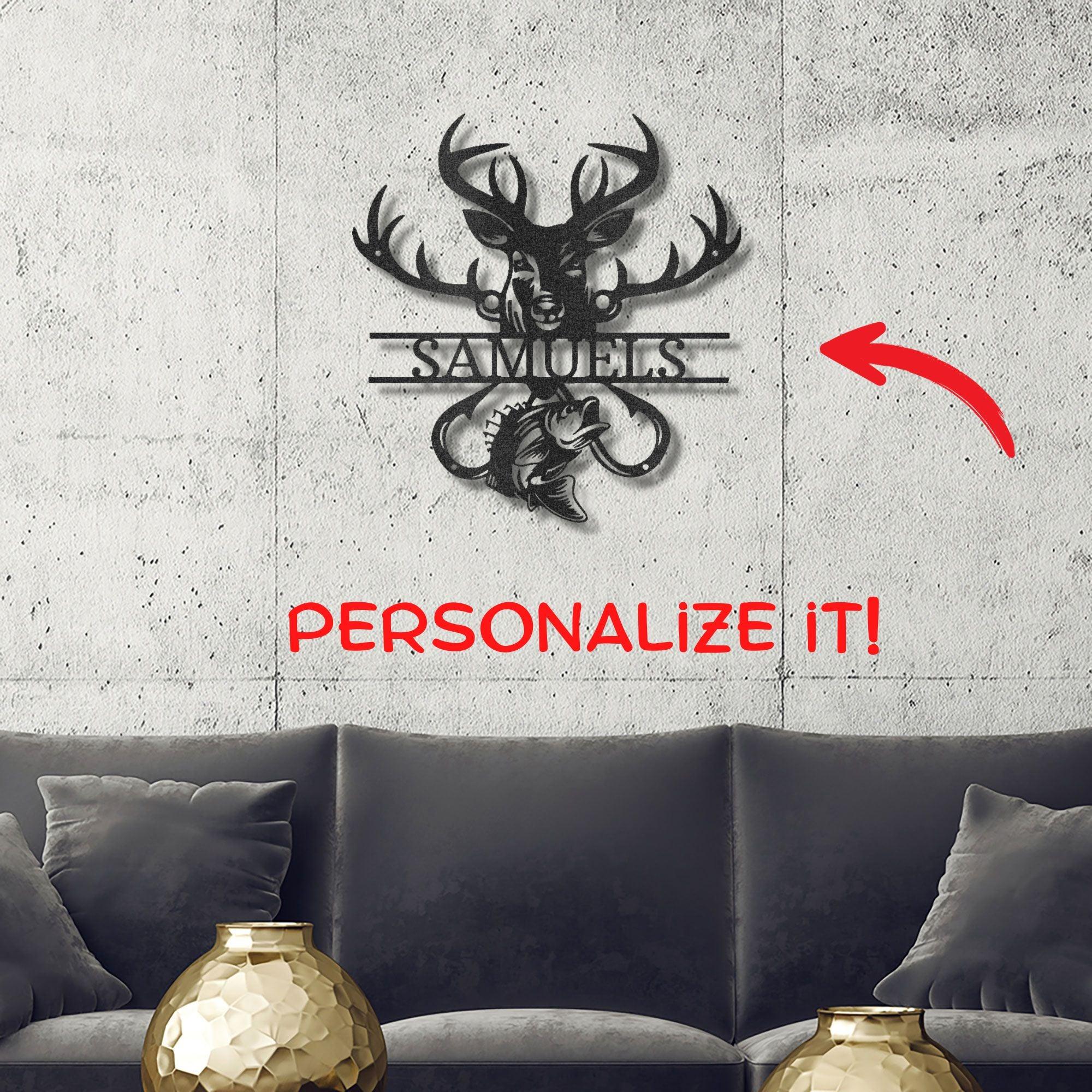 Deer Hunter Fisherman Personalized Name Metal Art Wall Sign - Mallard Moon Gift Shop