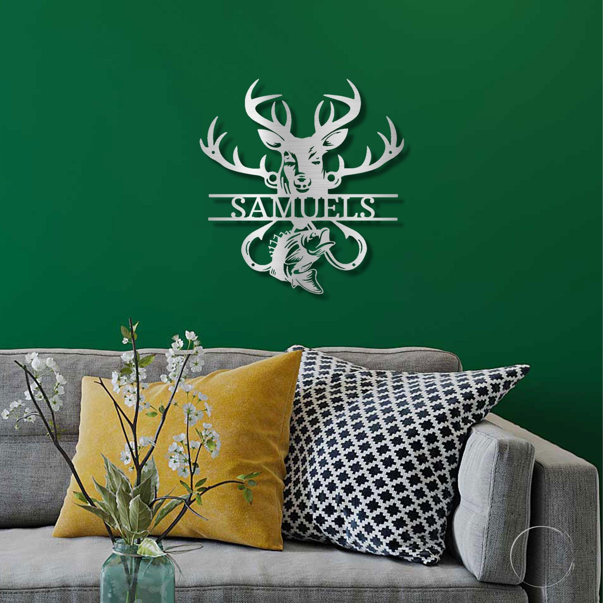 Deer Hunter Fisherman Personalized Name Metal Art Wall Sign - Mallard Moon Gift Shop