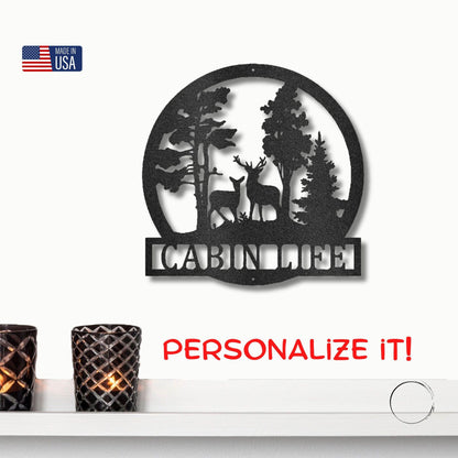 Deer in the Woods Custom Name Metal Art Wall Sign - Mallard Moon Gift Shop