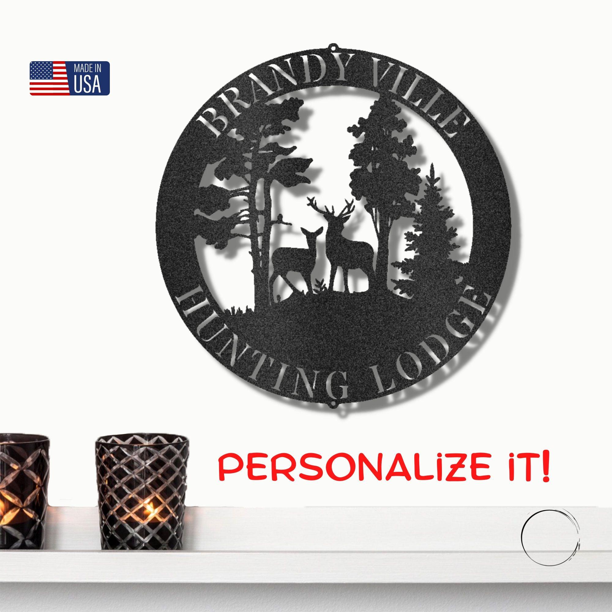 Deer Scene Personalized Name Indoor Outdoor Steel Wall Sign Metal Art - Mallard Moon Gift Shop