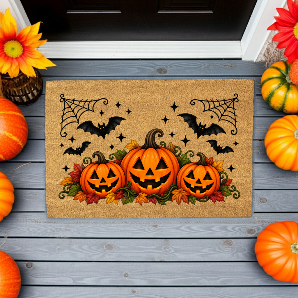 Halloween Pumpkin Doormat, Jack O Lantern Coir Welcome Mat, Fall Front Porch Decor, Spooky Bat Door Mat, Autumn Halloween Entryway