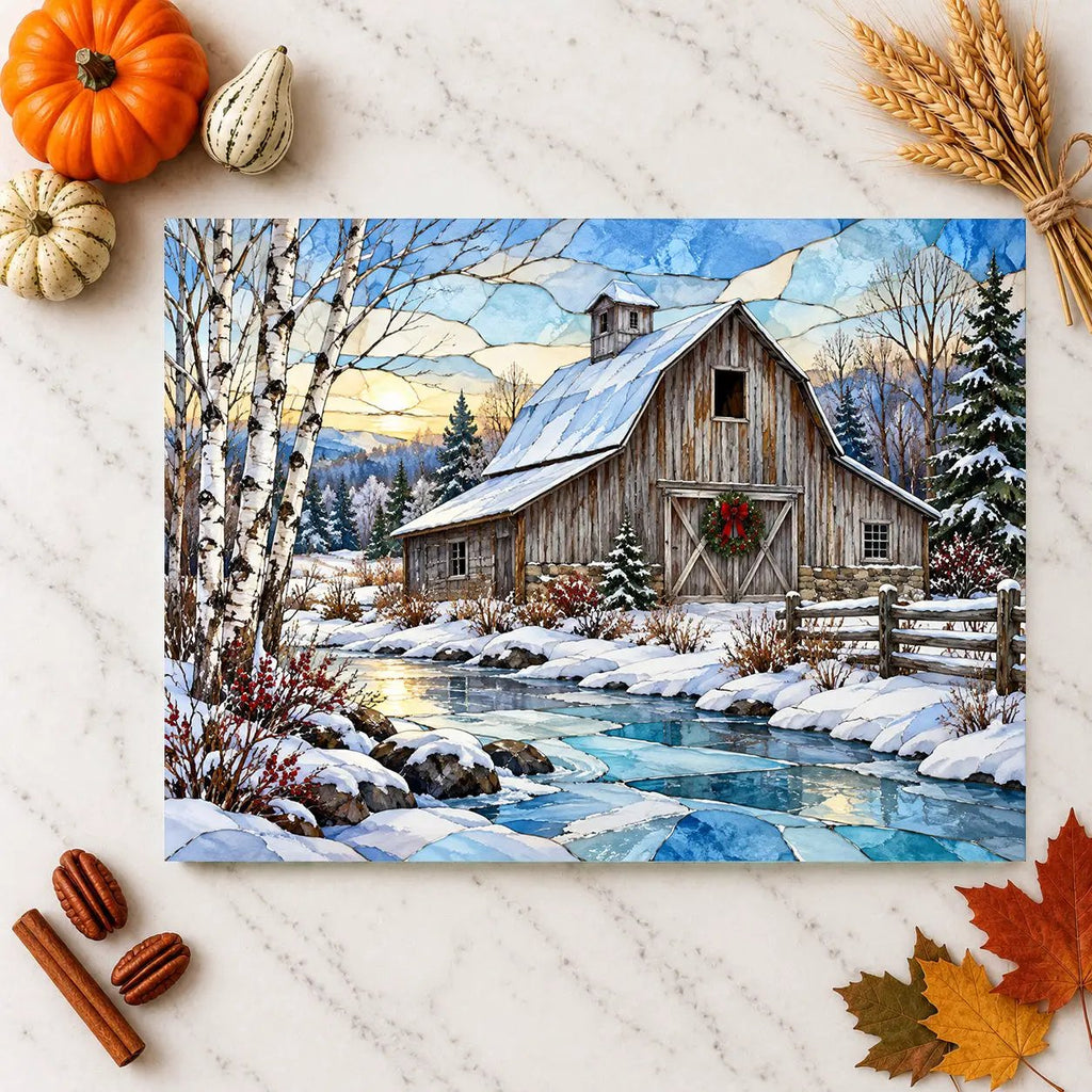 Country Winter Barn Glass Cutting Board, Snowy Farmhouse Kitchen Decor, Rustic Christmas Gift, Winter Barn Kitchen Board