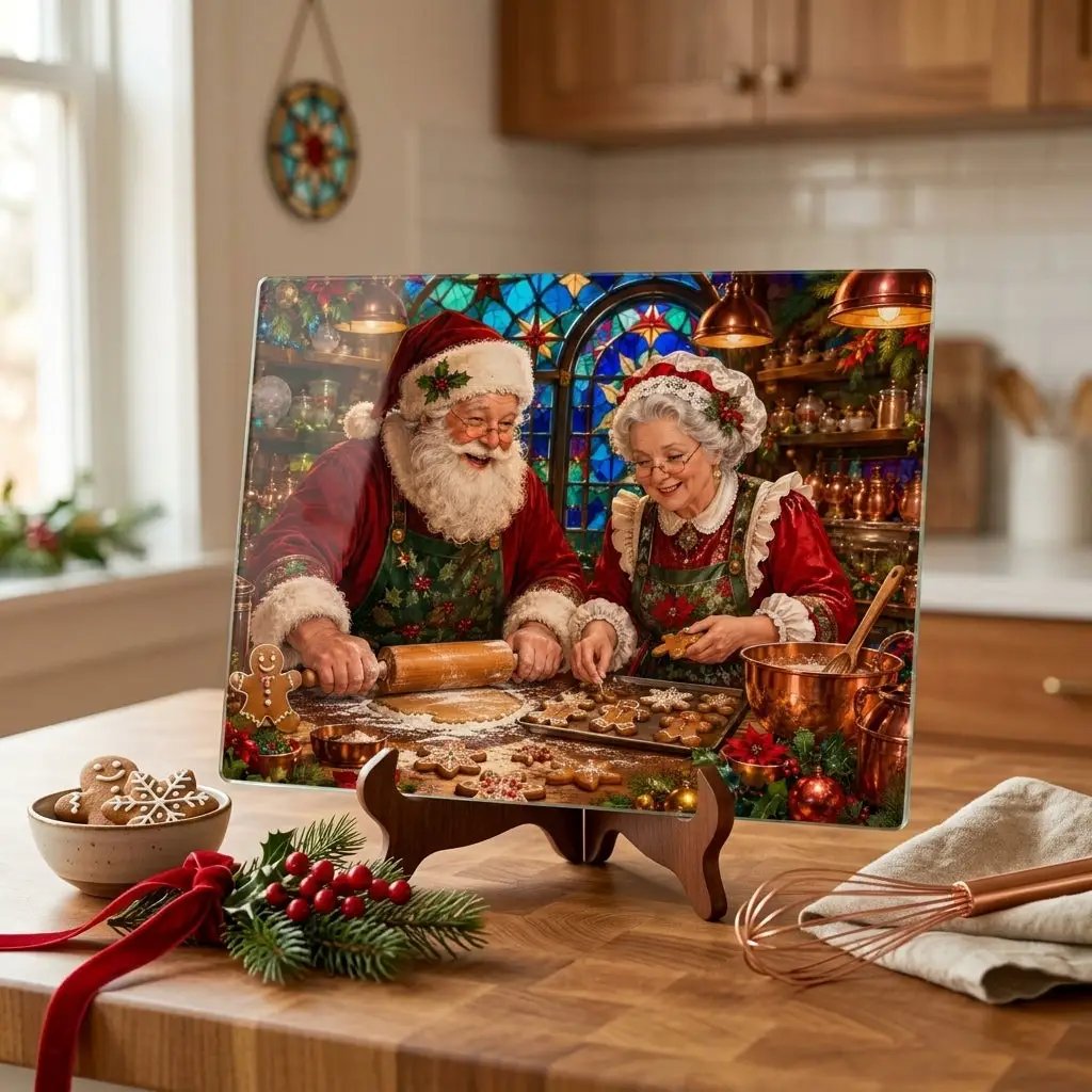 Santa and Mrs Claus Glass Cutting Board, Christmas Baking Decor, Gingerbread Kitchen Decor, Stained Glass Christmas Gift, Holiday Board