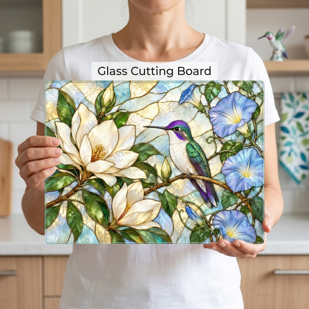 Hummingbird Cutting Board, Stained Glass Bird Decor, Magnolia Flower Kitchen Decor, Morning Glory Gift, Nature Lover Gift