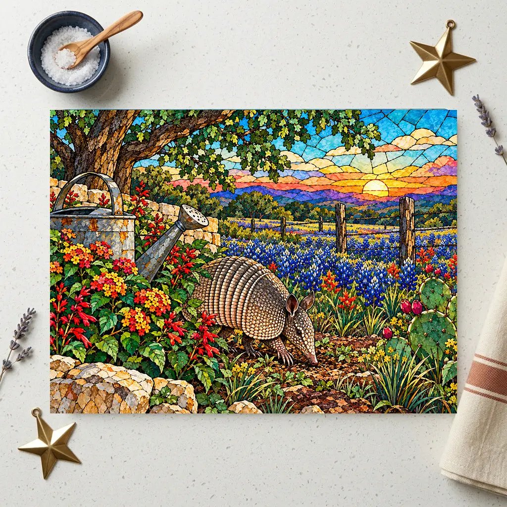 Texas Armadillo Glass Cutting Board, Bluebonnet Kitchen Decor, Stained Glass Style Texas Wildlife Gift, Country Garden Housewarming Gift