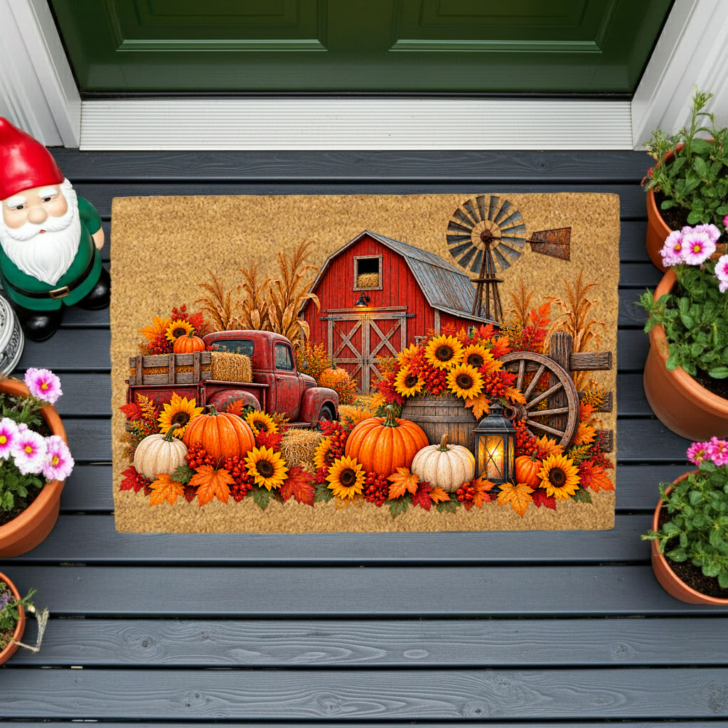 Fall Farmhouse Doormat, Country Barn Coir Mat, Pumpkin Harvest Welcome Mat, Rustic Autumn Porch Decor, Farmhouse Fall Door Mat