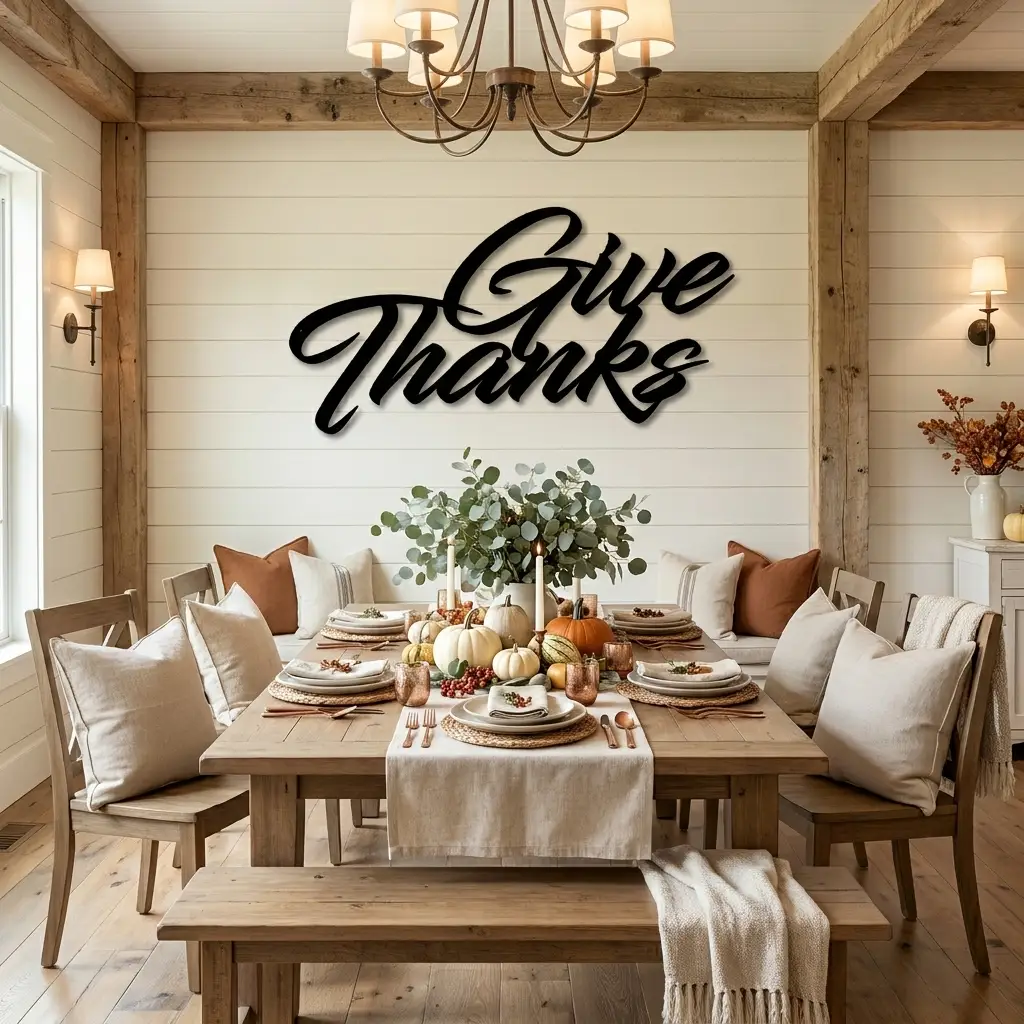Give Thanks Metal Sign, Farmhouse Wall Decor, Thanksgiving Decor, Script Wall Art, Fall Home Decor, Gratitude Sign