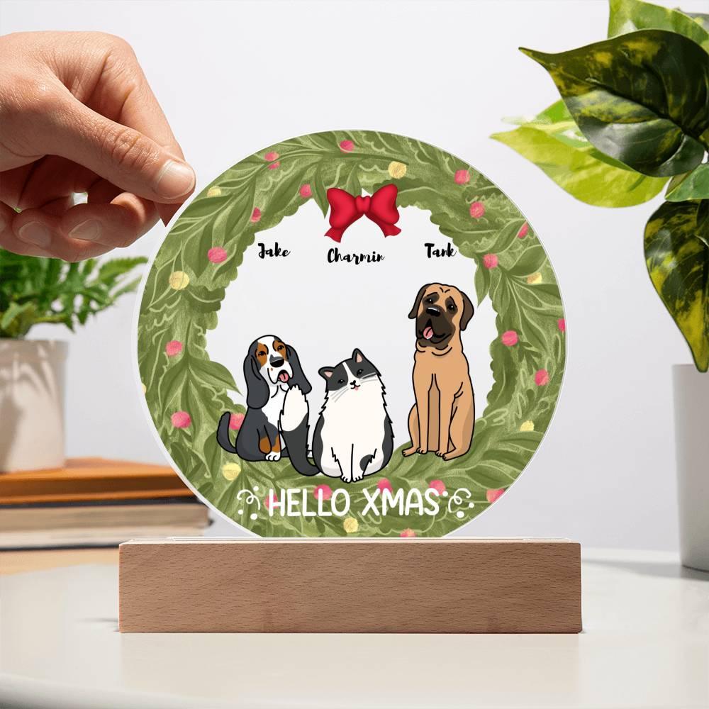 Dog and Cat Holiday Wreath Personalized Acrylic Plaque - Mallard Moon Gift Shop
