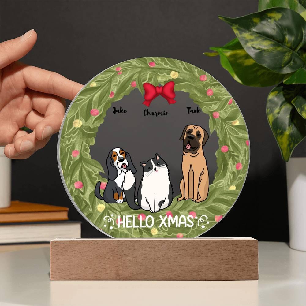 Dog and Cat Holiday Wreath Personalized Acrylic Plaque - Mallard Moon Gift Shop