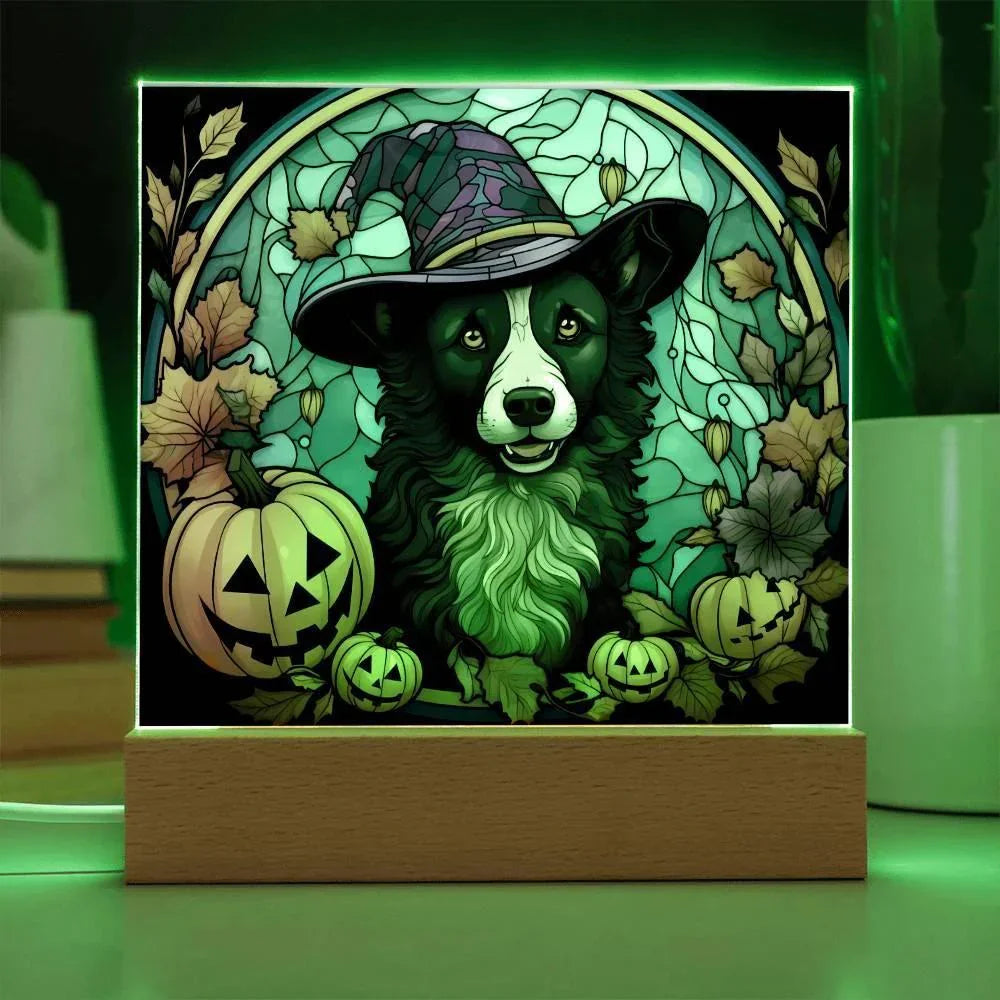 Dog Halloween Portrait Stained Glass Acrylic Plaque with LED Lighted Wooden Base