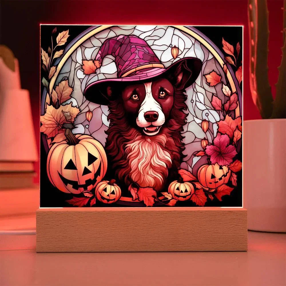 Dog Halloween Portrait Stained Glass Acrylic Plaque with LED Lighted Wooden Base