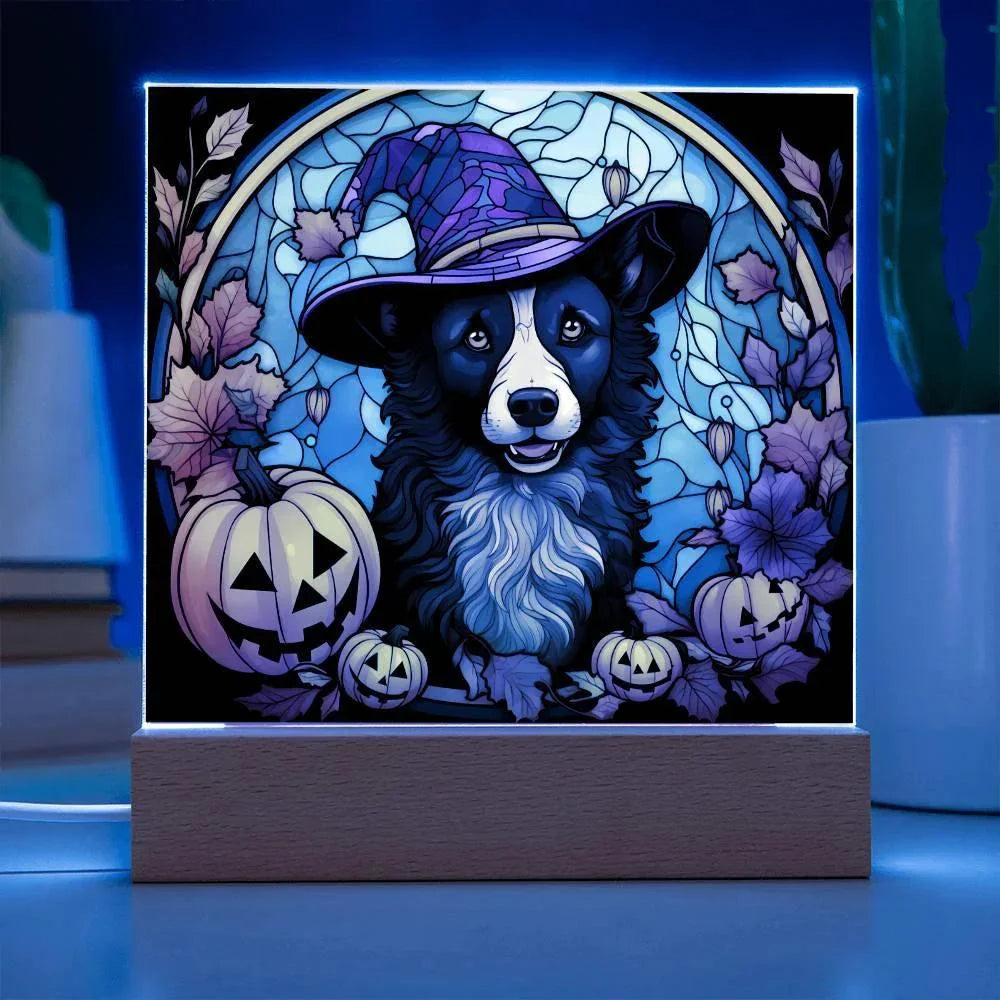 Dog Halloween Portrait Stained Glass Acrylic Plaque with LED Lighted Wooden Base