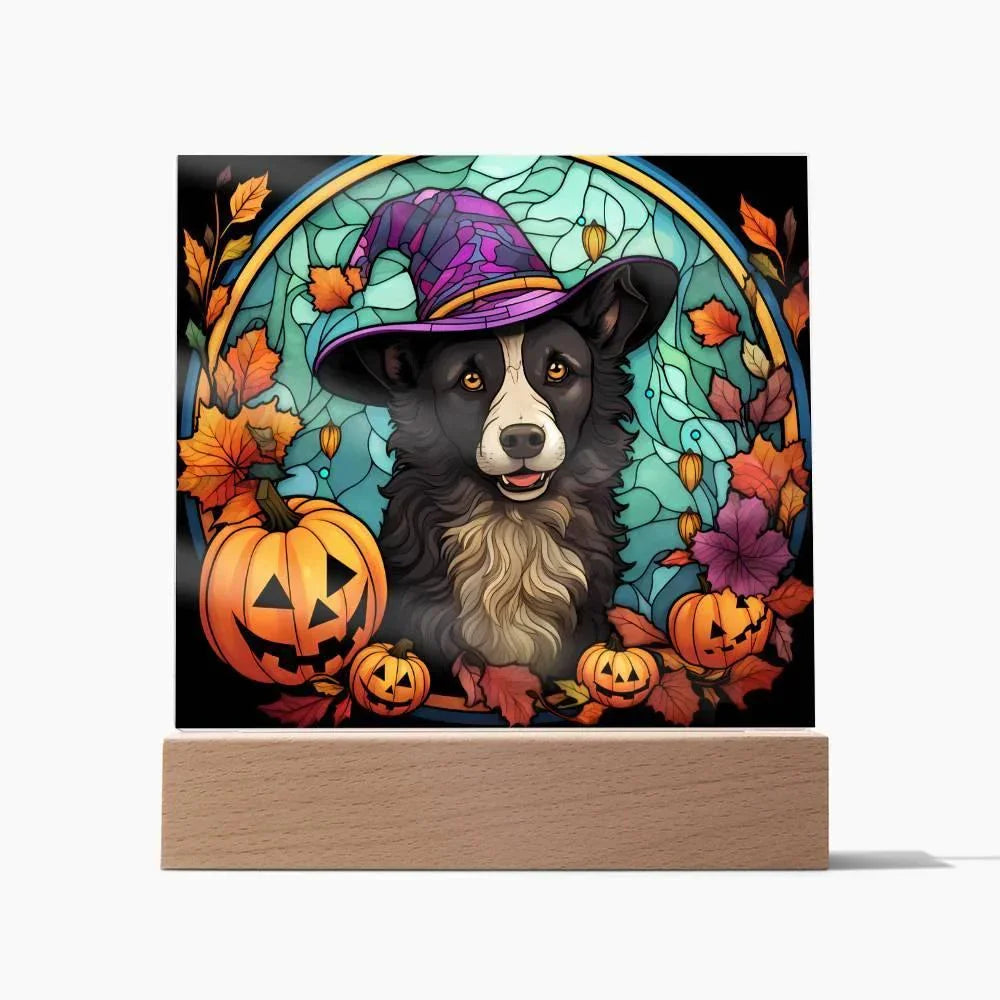 Dog Halloween Portrait Stained Glass Acrylic Plaque with LED Lighted Wooden Base