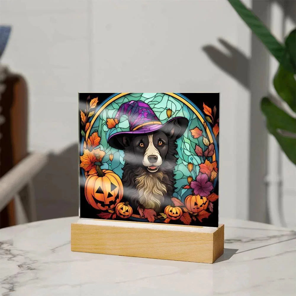 Dog Halloween Portrait Stained Glass Acrylic Plaque with LED Lighted Wooden Base