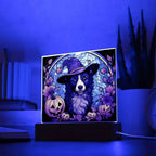 Dog Halloween Portrait Stained Glass Acrylic Plaque with LED Lighted Wooden Base