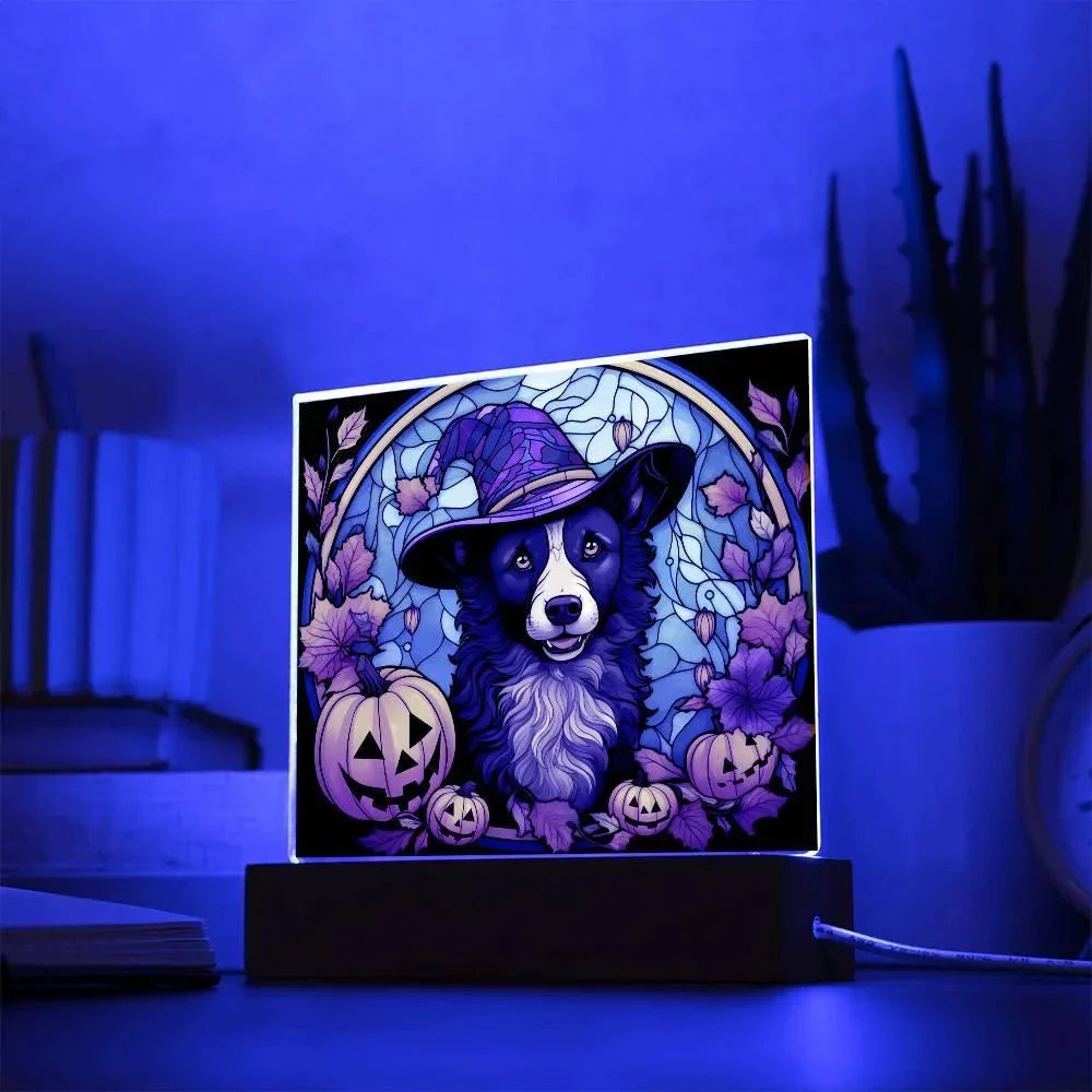 Dog Halloween Portrait Stained Glass Acrylic Plaque with LED Lighted Wooden Base