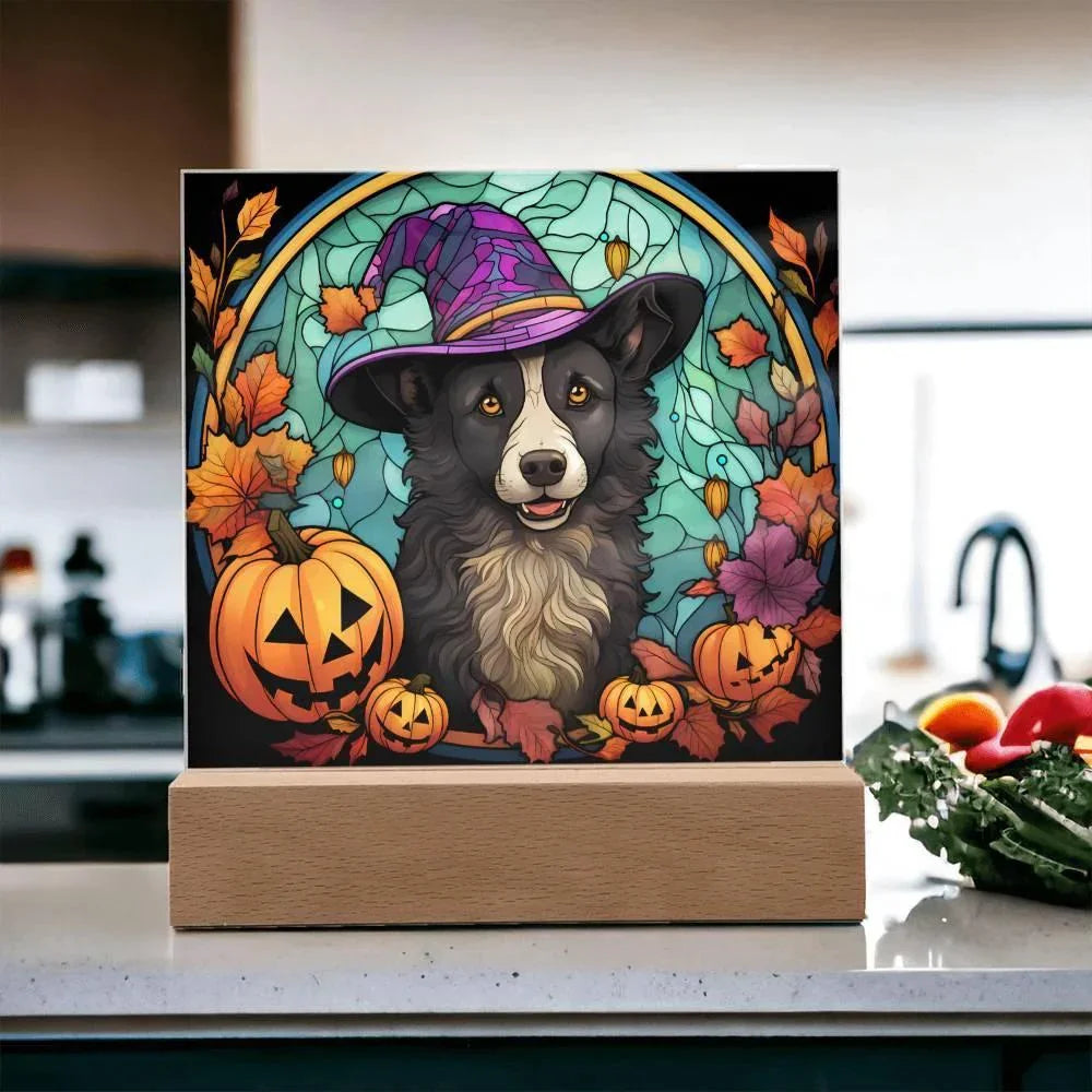 Dog Halloween Portrait Stained Glass Acrylic Plaque with LED Lighted Wooden Base
