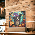 Dog Halloween Portrait Stained Glass Acrylic Plaque with LED Lighted Wooden Base