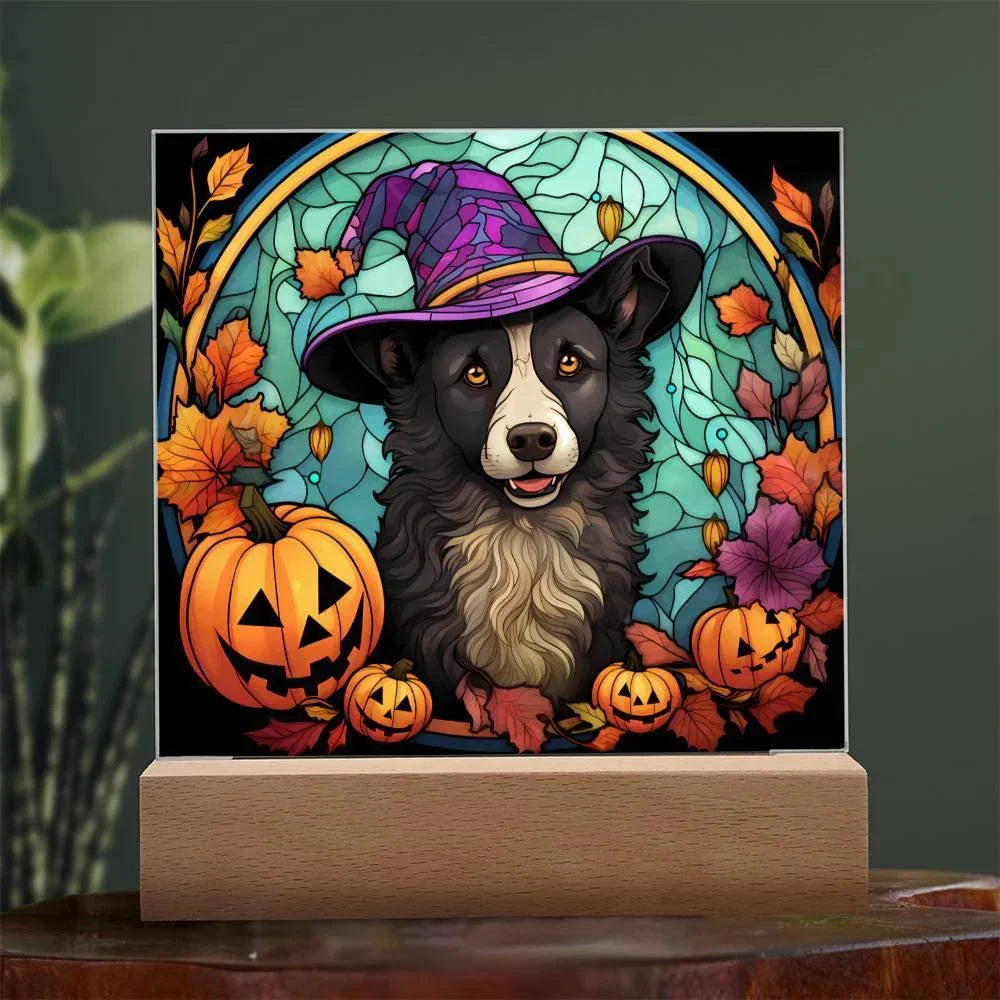 Dog Halloween Portrait Stained Glass Acrylic Plaque with LED Lighted Wooden Base