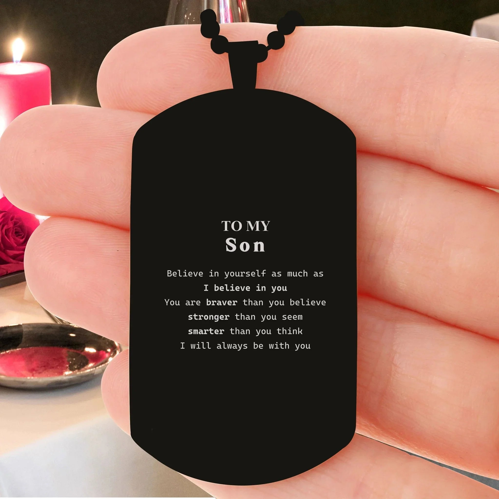 Son Black Dog Tag Gifts, To My Son You are braver than you believe, stronger than you seem, Inspirational Gifts For Son Engraved, Birthday, Christmas Gifts For Son Men Women