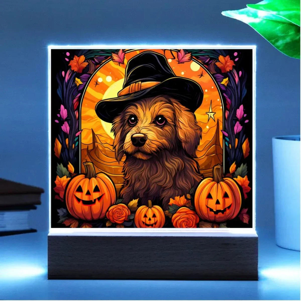 Dog Halloween Portrait Stained Glass Acrylic Plaque with LED Lighted Wooden Base