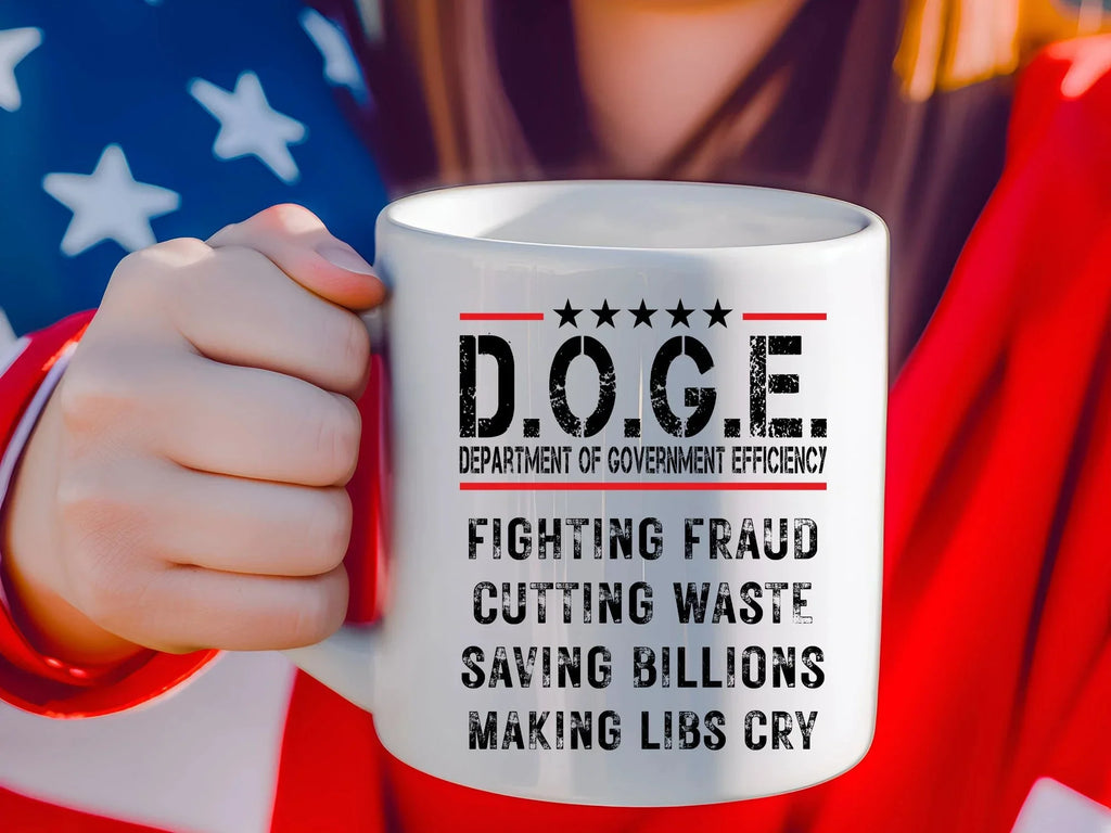 D.O.G.E. Coffee Mug – Funny Conservative Political Gift – Fighting Fraud, Cutting Waste, Saving Billions – 11oz & 15oz White Ceramic Cup
